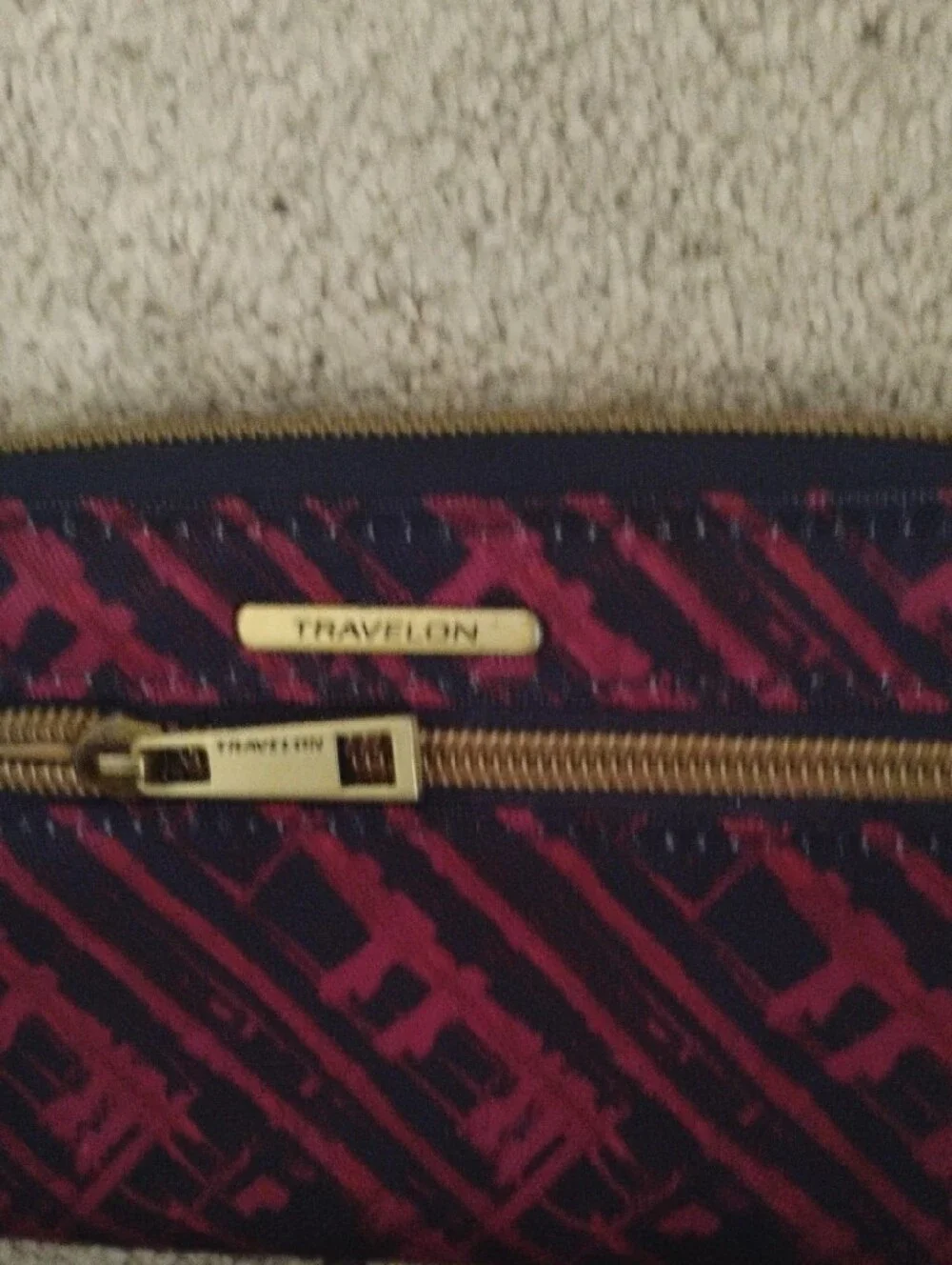 Travelon Navy and Purple Patterned Zip Wallet with Gold Hardware.Like New